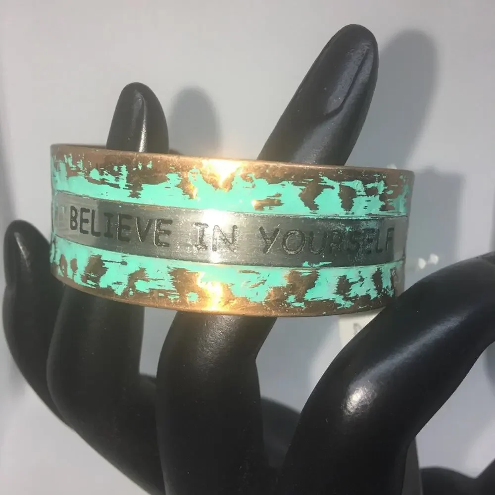 Believe In Yourself Oxidized Cuff Bracelet - Copper, Green - Picture 5 of 7